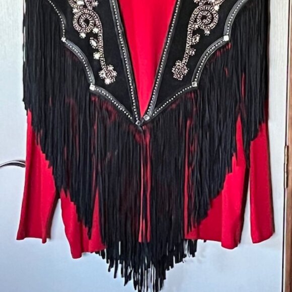 Western Black Leather Shawl with Fringe, Silver Studding and Clear Rhinestones - Picture 11 of 15